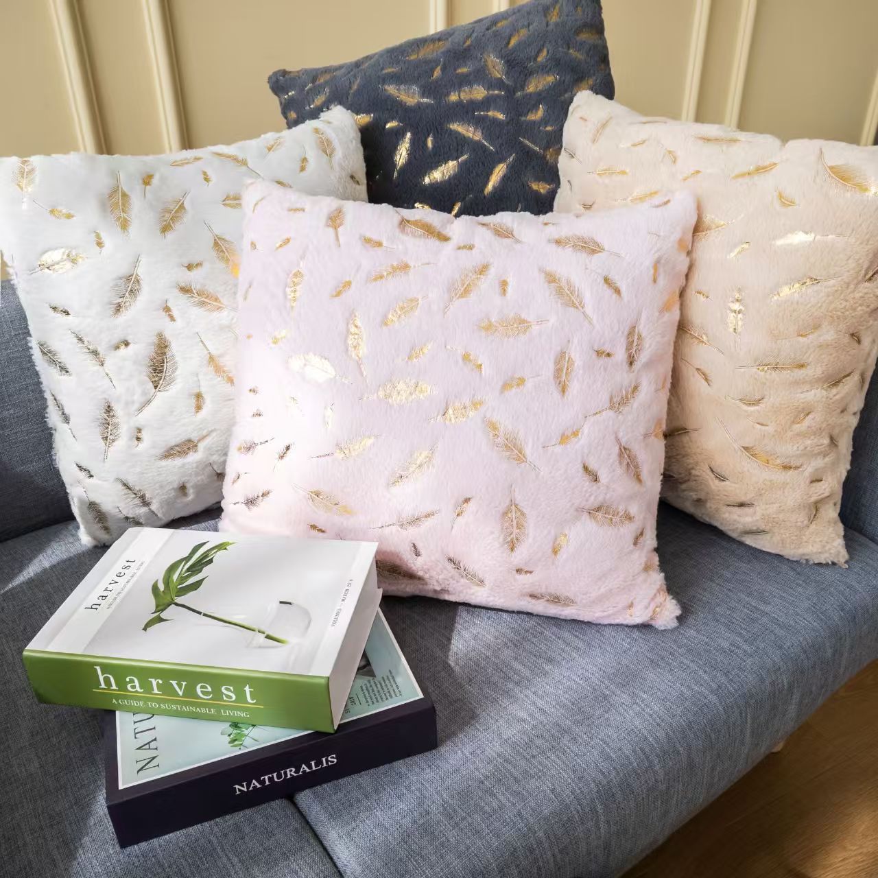 Beige gilded feather cushions, light luxury living room sofa cushions, decorative cushions, modern and simple home cushions details Picture