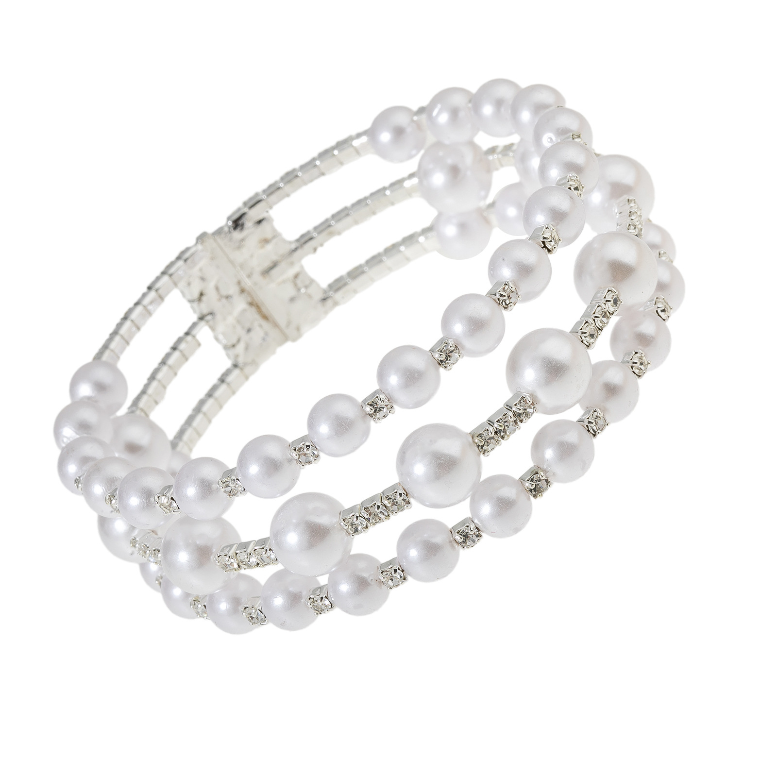 Korean-style fashionable steel wire elastic 3-row bracelet, bride's wedding water diamond pearl open bracelet, cross-border European and American elegant jewelry