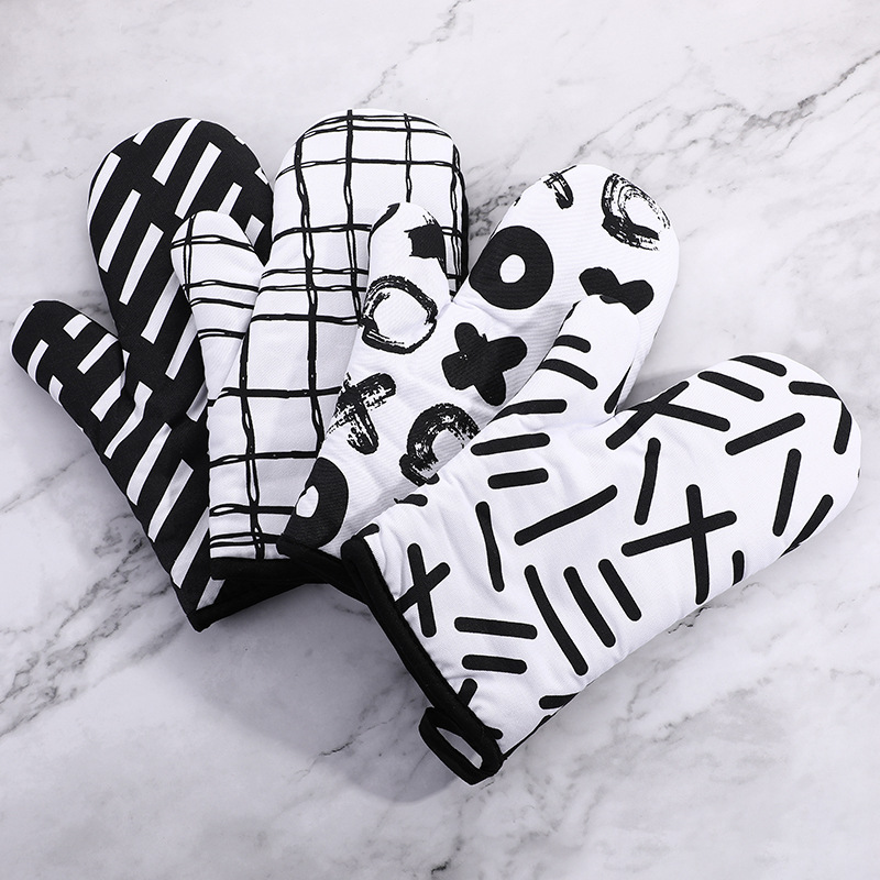 简约厨房微波炉加厚手套隔热烘焙烤箱手ins黑白家用餐垫套装批发