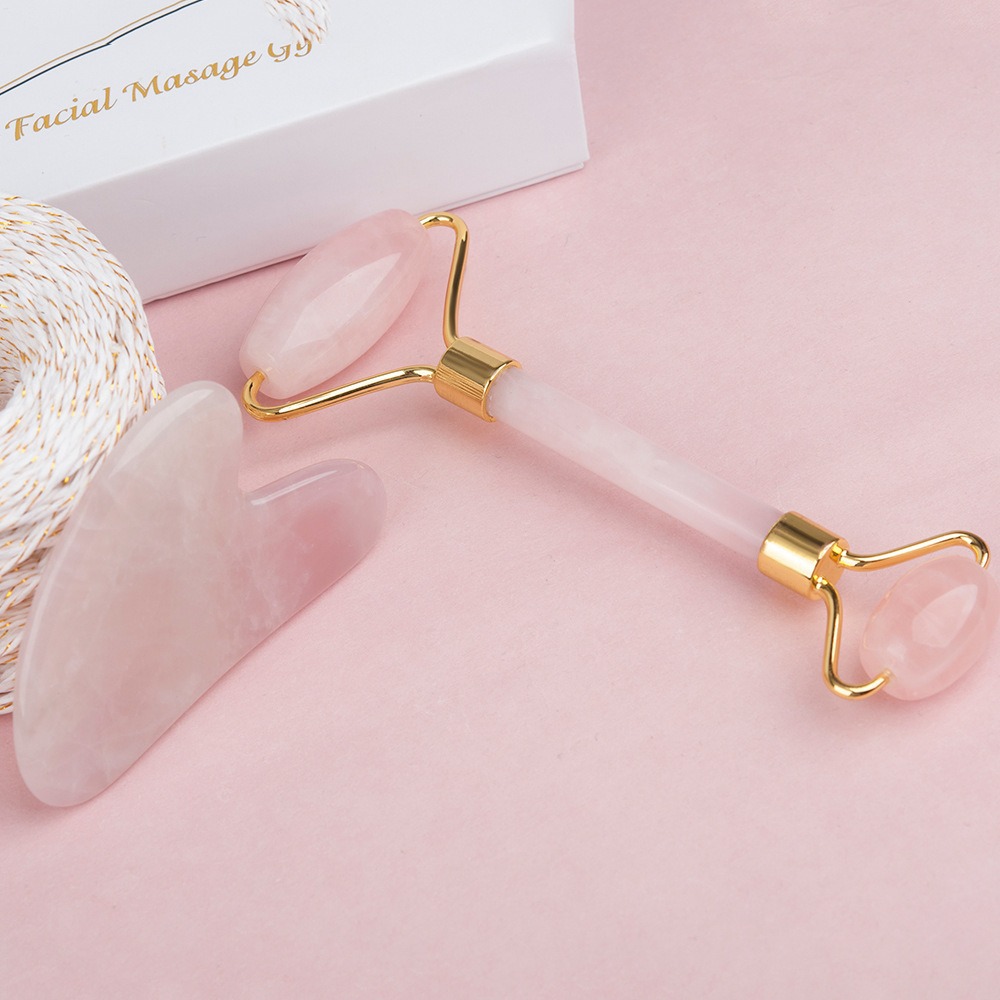 Natural rose quartz jade roller massager, gua sha board, facial, eye and full-body muscle pulling stick, beauty massage tool details Picture