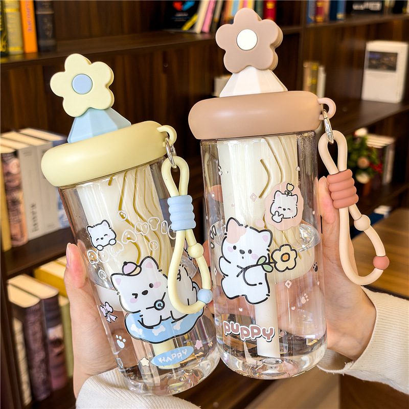 可爱猫咪图案透明水杯带把玻璃杯太阳浮雕杯子玻璃保温瓶