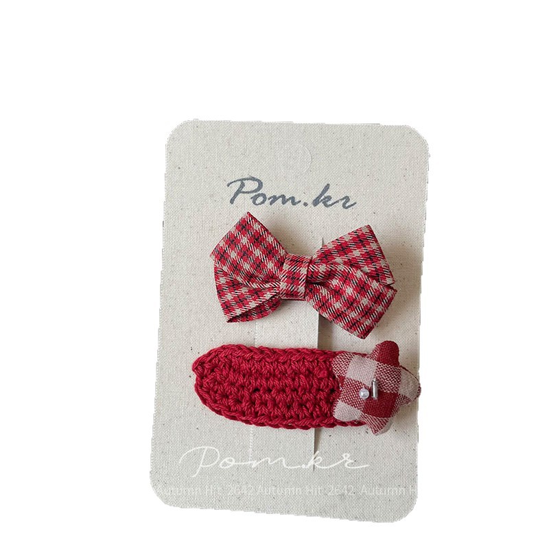 Nueva versión coreana otoño invierno dulce rojo atado arco clip de pelo niños hecho a mano paño lateral pelo roto clip flequillo mujer Pom.kr rojo atado clip de pelo conjunto estrella arco cuadros otoño invierno dulce chica delicado Item Picture