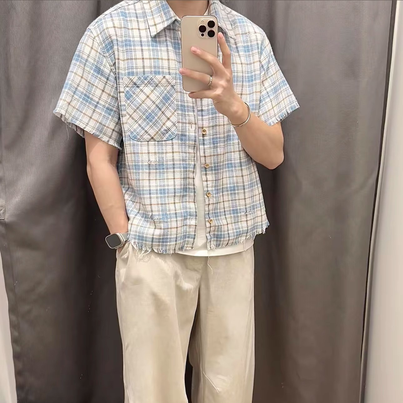 vintage, frosted fringed bamboo joint checkered blue long-sleeved shirt, men's loose and versatile casual shirt jacket Application Scenario