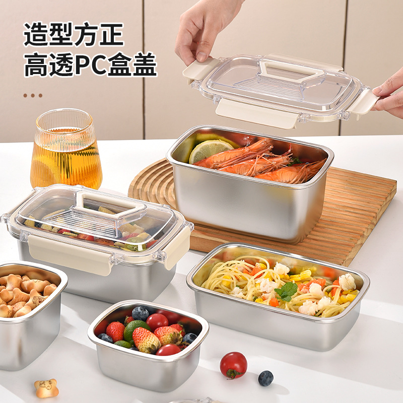 Cross-border 304 stainless steel food storage box, rectangular handle sealed box, outdoor fruit lunch box, refrigerator storage box details Picture