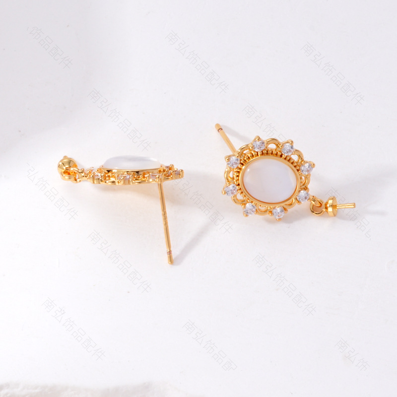 S925 Silver Needle Pearl Stud Earrings, micro-inlaid natural white shell butterfly semi-finished earrings, hollow base diy accessories Specification image