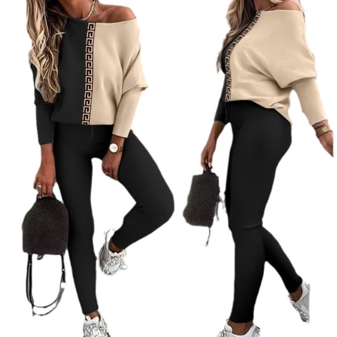 Cross-border best-selling European and American fashion women's long-sleeved and long-pants set, V-neck sexy off-the-shoulder sporty multi-color set Item Picture