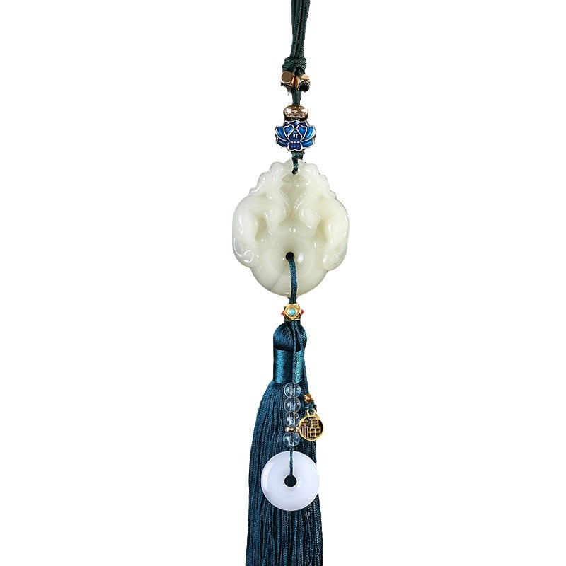 Retro entry and exit safety jade car pendant, new white jade safety buckle, tassel, "Fu" character, car rearview mirror Item Picture
