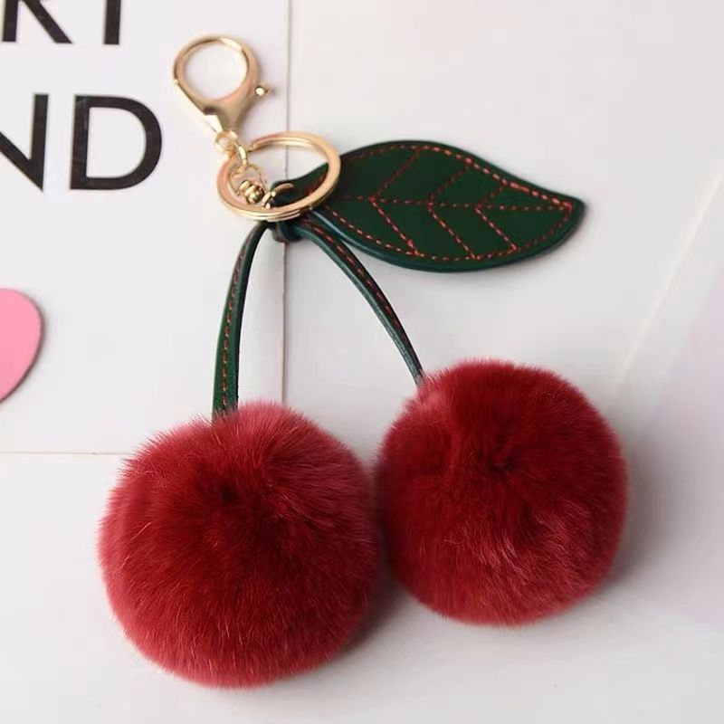 Wholesale imitation rex rabbit fur, small cherry car keychains, pendants, plush balls, dolls, schoolbags, bag hanging decorations, and pendants details Picture