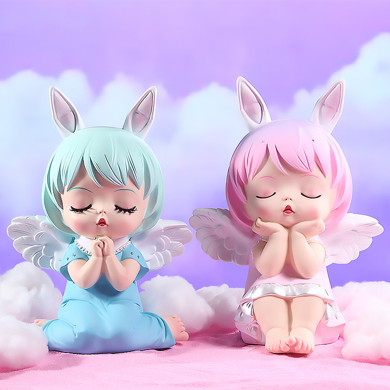 Cute rabbit angel, eight-color hair, AI toy, closed-eye prayer dress, white wings, pink background, star figure details Picture