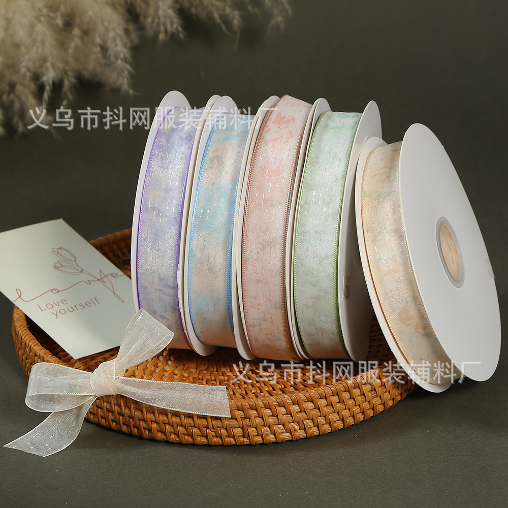 跨境爆款透明雪纱带圣诞装饰纱带 diy鲜花包装彩色晕染丝带批发