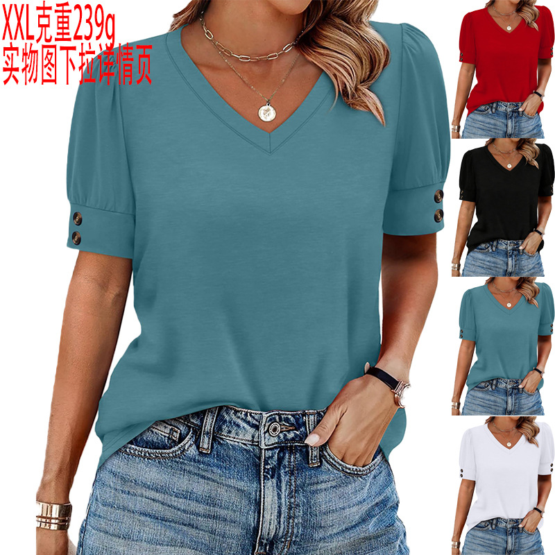 2025 Amazon Europe and America cross-border Trade solid-color printed stylish bubble mid-sleeved button round-neck T-shirt full figure