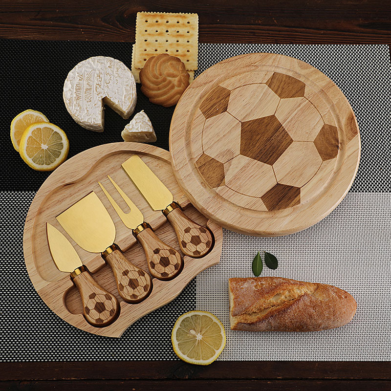 In-stock 2026 World Cup football Cheese Knife, round rubber wooden box cheese knife, fork and spatula set of 4 pieces details Picture