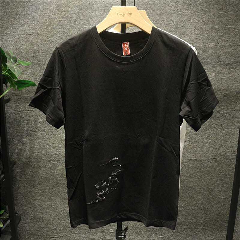 This men's loose, large-sized half-sleeved and short-sleeved T-shirt with Chinese style embroidery features a retro design that is casual and versatile details Picture