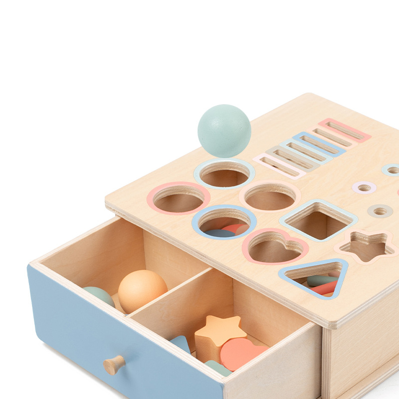 Montessori early education wooden children's kindergarten teaching AIDS geometric shape recognition coin-operated ball-throwing building block toys Specification image