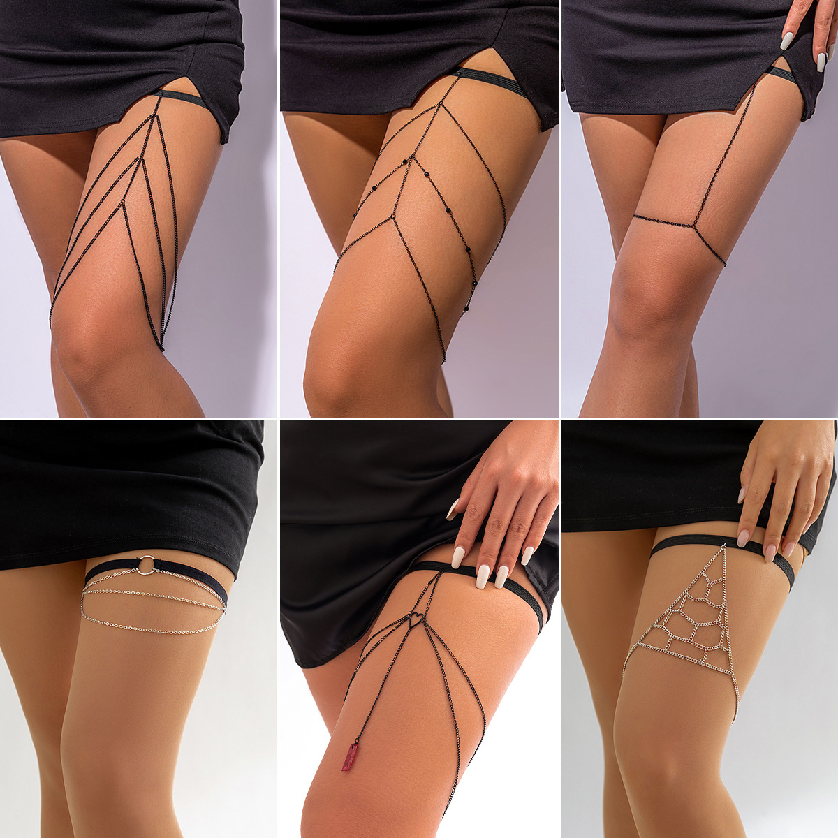 欧美跨境饰品性感链条金属腿环休闲身体链弹力带流苏辣妹大腿链