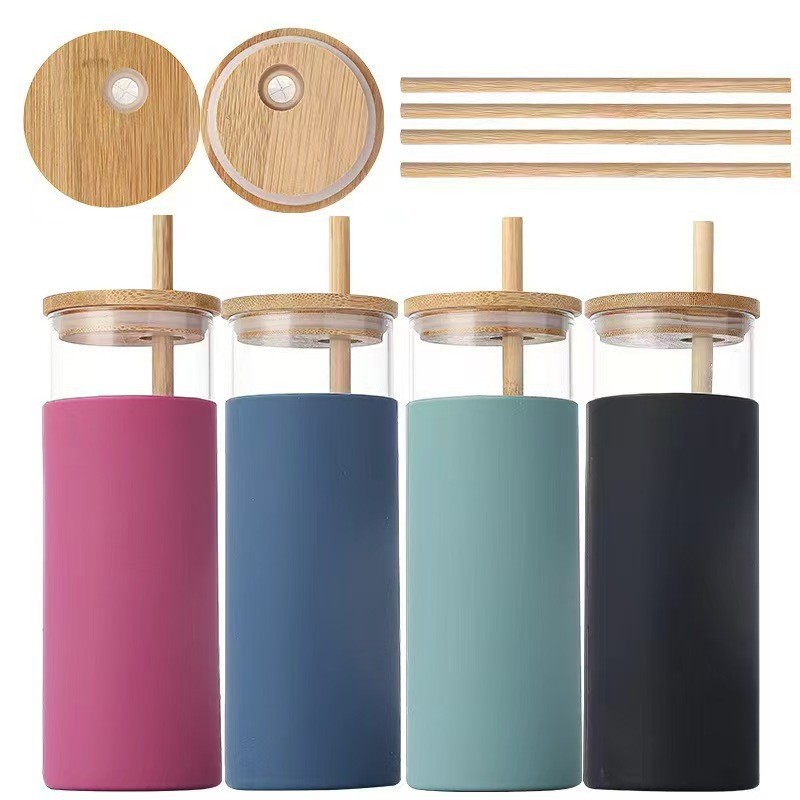 Crossover amazon resistente a altas temperaturas vaso de borosilicato de vidrio aislante manga de copa de silicona con tapa de bambú copa de pajita logotipo impreso