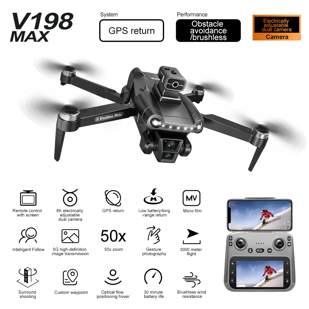 Cross-border new product V198MAX brushless GPS return with screen high-definition aerial photography obstacle avoidance drone, foreign trade remote control aircraft details Picture