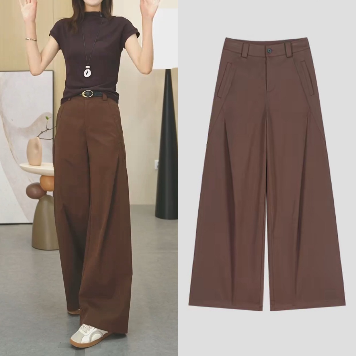 Khaki wide-leg pants with a drape feel for women's autumn 2025 new style high-waisted loose straight-leg pants Versatile casual long pants details Picture
