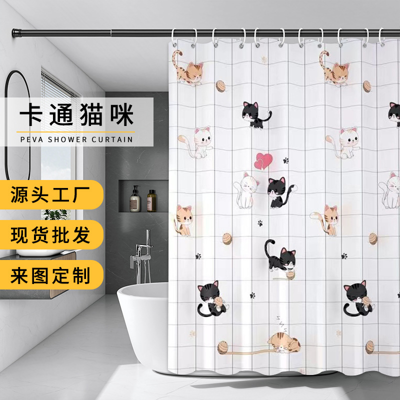 新款卡通猫咪印花PEVA浴室浴帘 卫生间防水隔断帘跨境热销免打孔