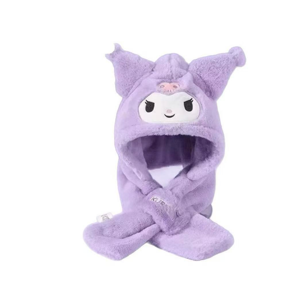 One-piece plush hat and scarf, Kuromi Meletti Sanrio children's winter warm decoration, cold wind protection, neck protection, wholesale from street stalls Item Picture