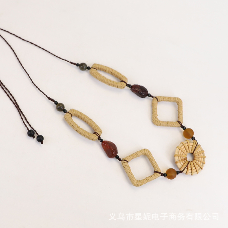 时尚百搭民族风配饰波西米亚度假风随机木珠耳环草质编织长款项链白底实物图