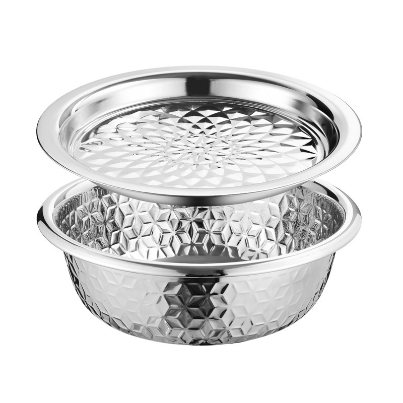 菱花盖盆新打蛋盆不锈钢料理盆加厚多功能菱花压花和面盆电磁炉白底实物图