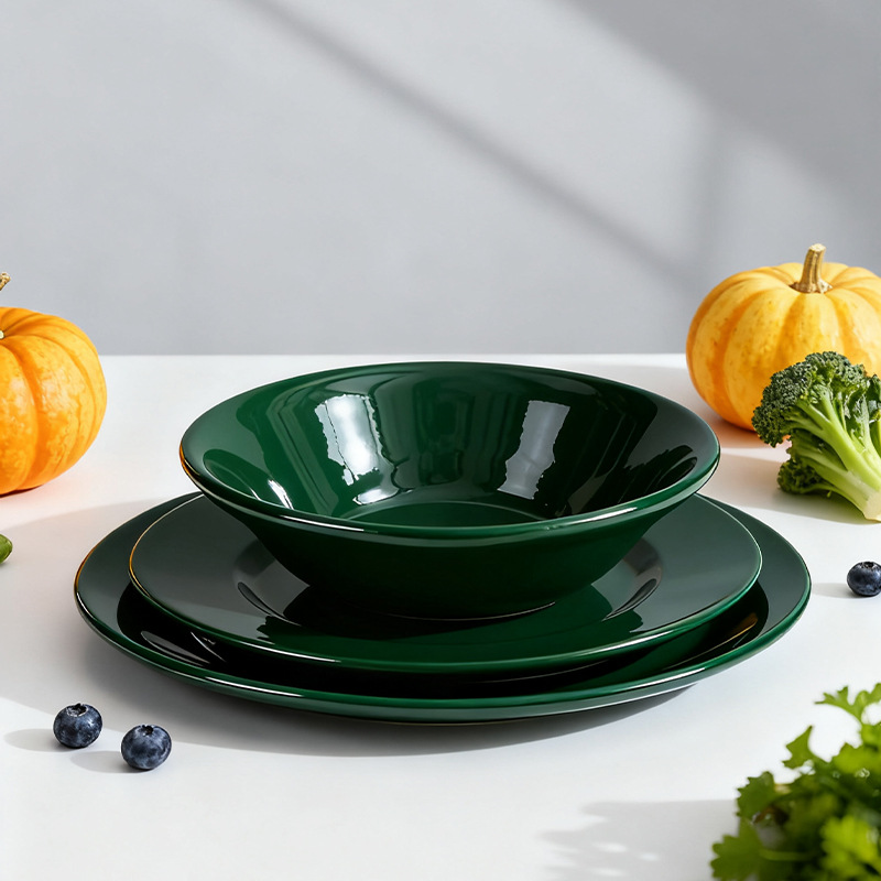 Foreign trade dark green plastic snack round plates, stir-frying plates, unbreakable cold dish plates, high-quality new models, OEM details Picture