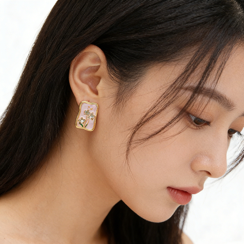 Hyacinth Monet Garden Oil Painting Style enamel earrings, women's flower stud earrings, original design, retro Hong Kong style earrings Specification image