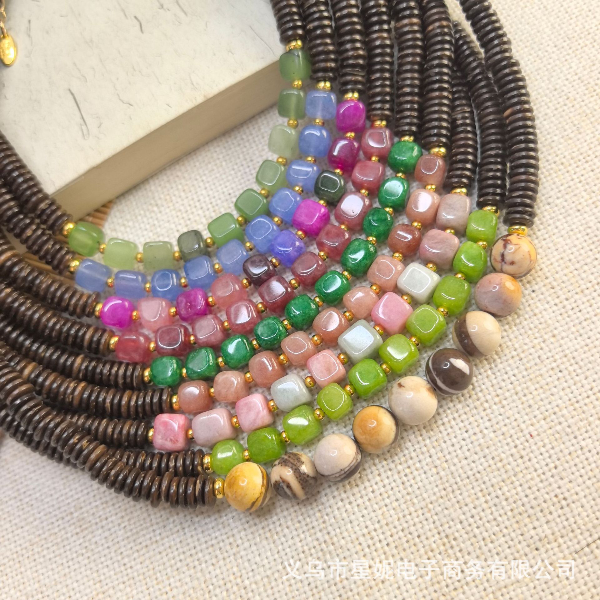 Natural gradient tourmaline crystal, form-fitting cut bead spacer gasket necklace, summer necklace, fresh small sugar cube accessory, national trend Specification image