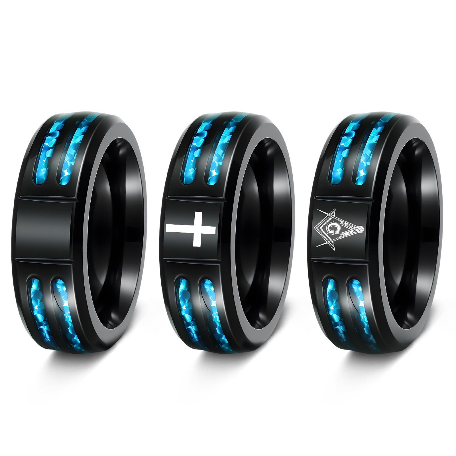 A new best-selling Masonic men's ring set with a blue imitation Aubro laser cross on Amazon in Europe and America