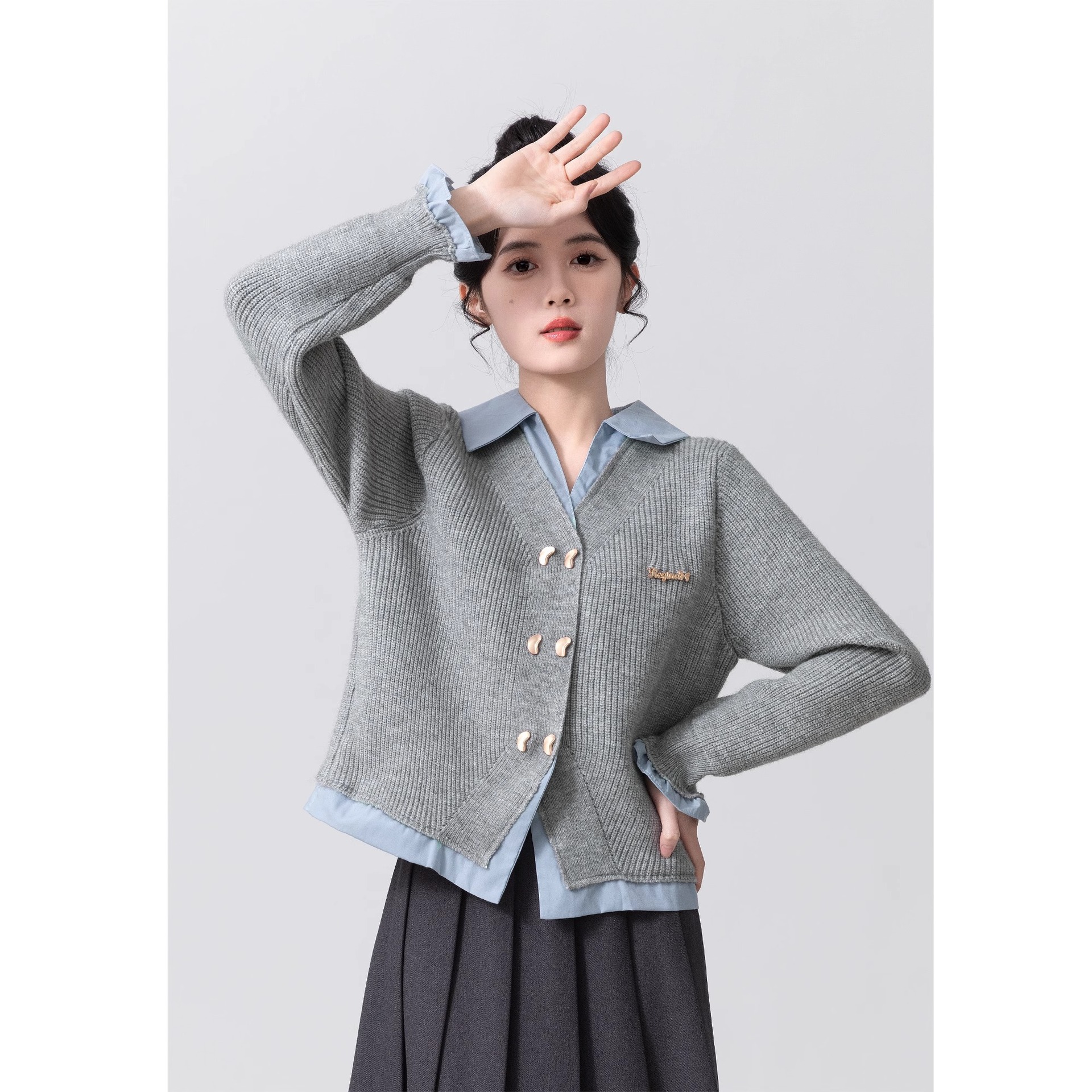 Two POLO neck sweaters for women's Spring and Autumn 2025 new style college style patchwork knitted cardigan jacket short top Specification image