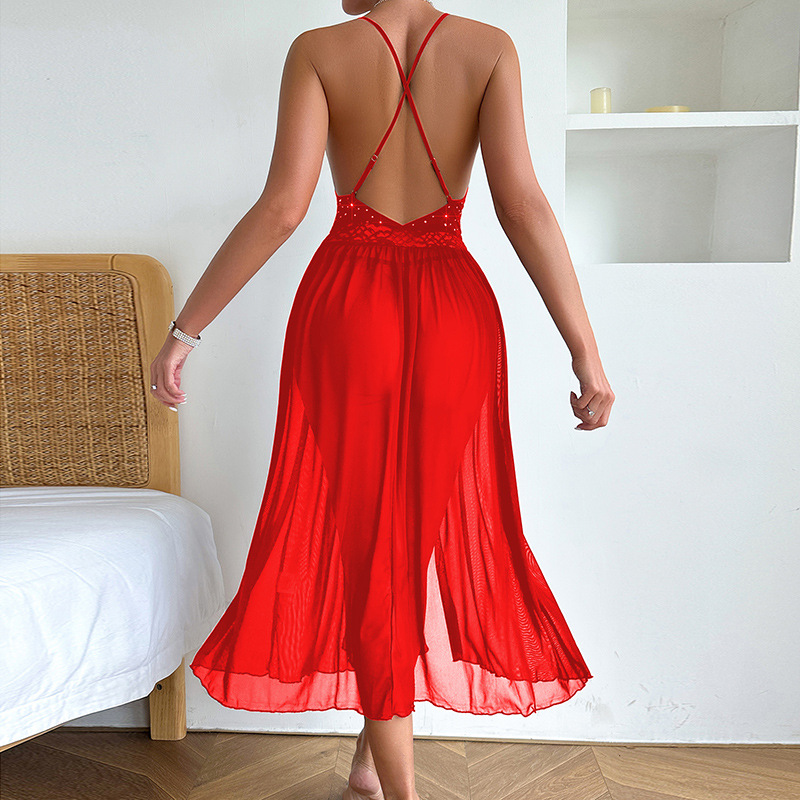 Feiyun Cross-border European and American see-through Cross beautiful back pajamas with hot diamond deep V lace mesh, sexy long sleeping dress 713 Specification drawing