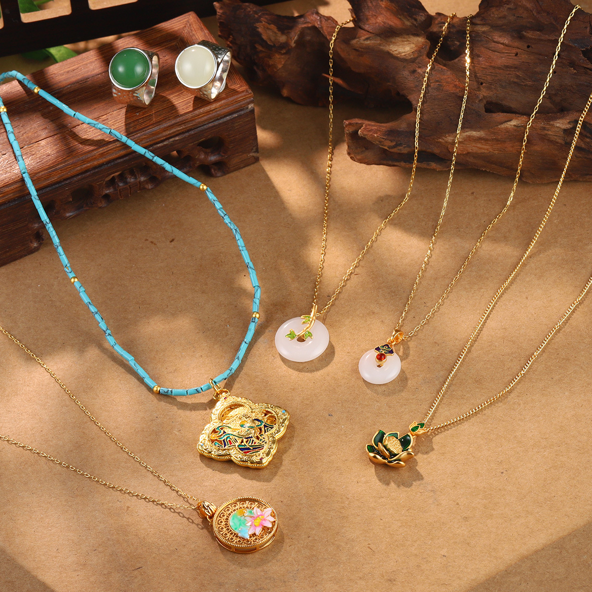 中古vintage平安锁莲花项链新中式国潮高级感复古串珠镂空颈链女