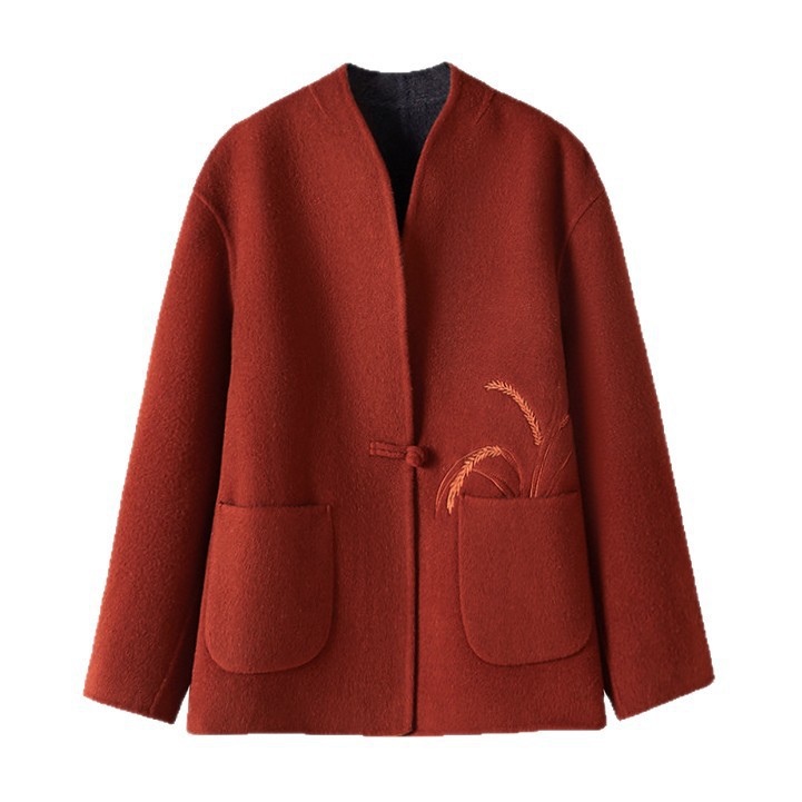 New embroidered new Chinese-style double-sided woolen coat for women 2025 autumn and winter, loose woolen coat for women Item Picture