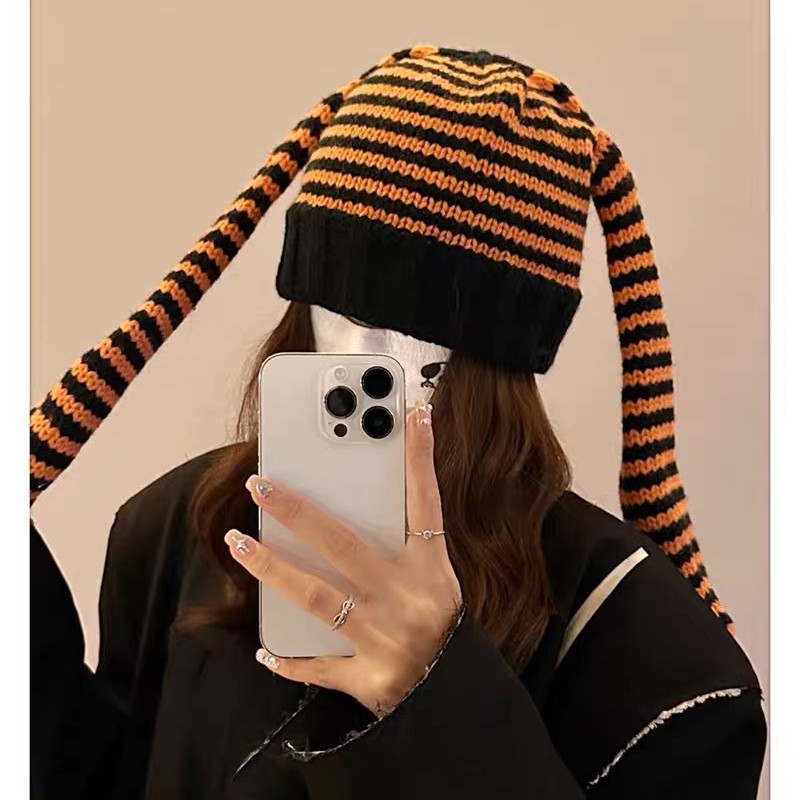 Japonés cute cinco estrellas conejo gorro mujer orejas rayas demonio pullover sombrero de punto color crash sombrero frío calor Specification image