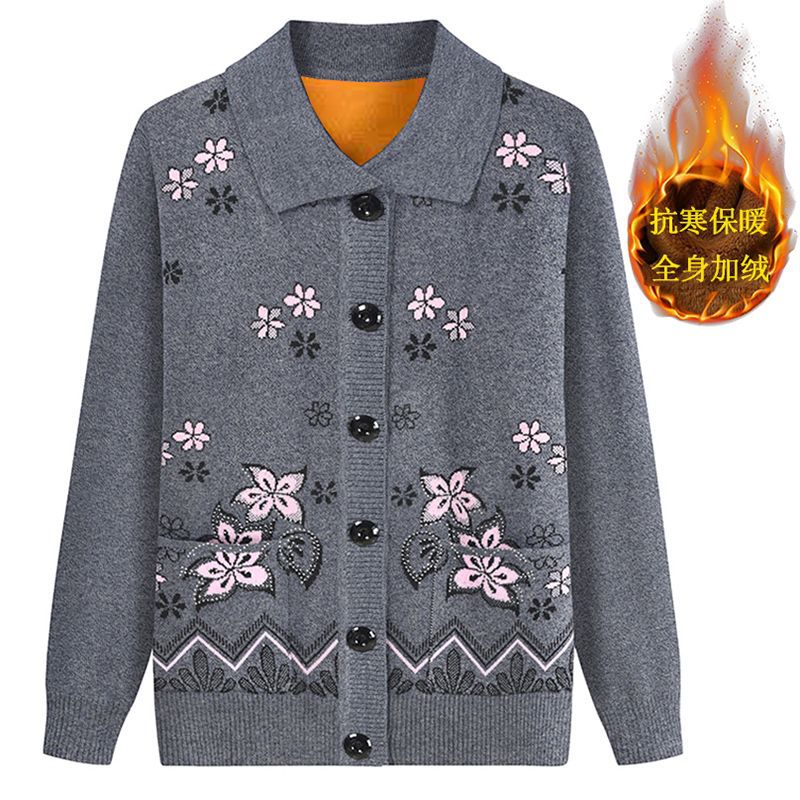 Women's clothing for the elderly, autumn and winter, fleece and thickened sweaters, warm knitted sweaters for mothers, cardigans, 60-year-old grandmothers, lapel sweaters for women details Picture
