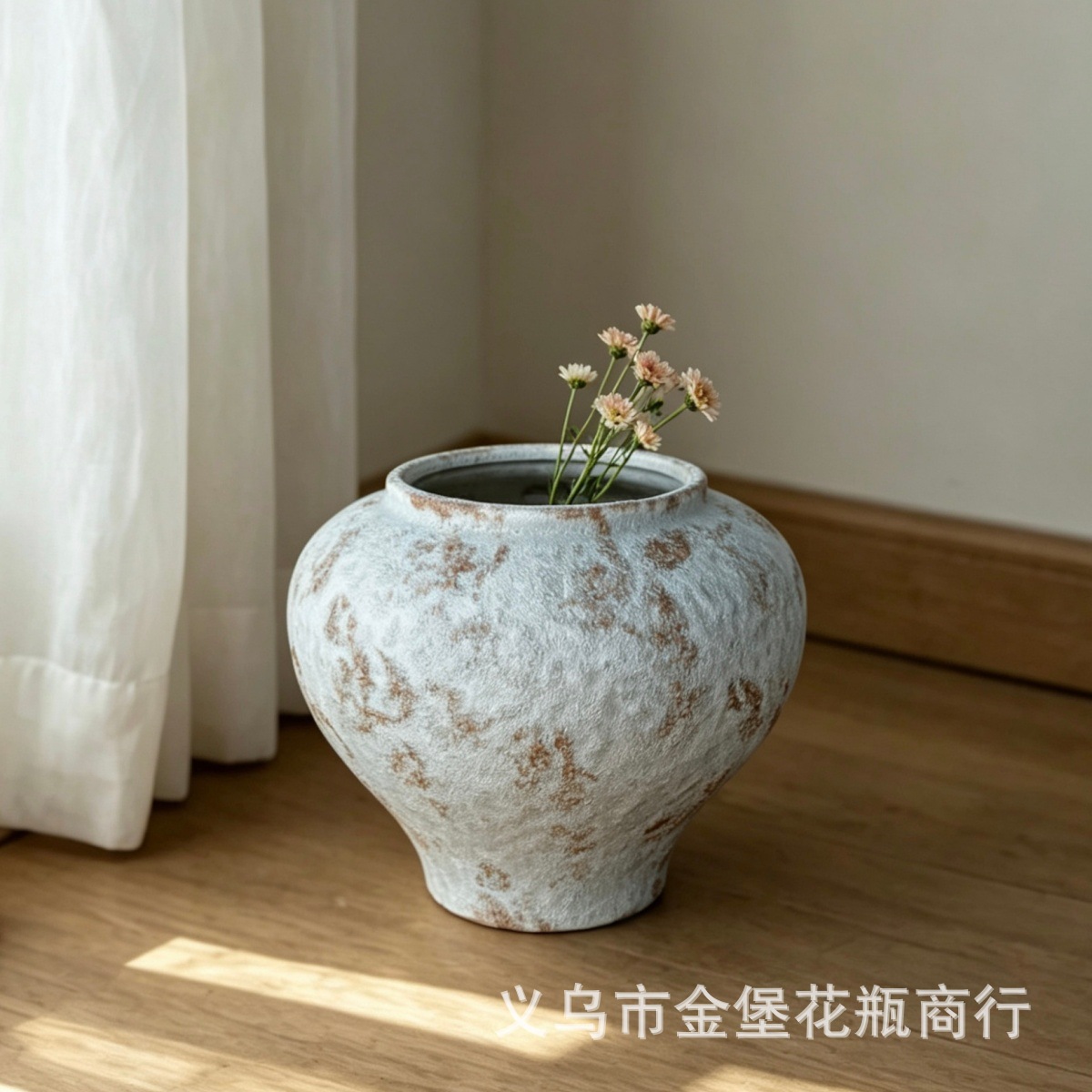 Wholesale vintage rough pottery vases: Light white aged glaze, round shape, suitable for Japanese style, wabi-sabi, details Picture