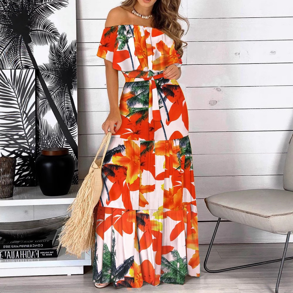 2026 Amazon wish Independent Store's best-selling summer ruffled off-the-shoulder short-sleeved lace-up long dress for women Specification drawing