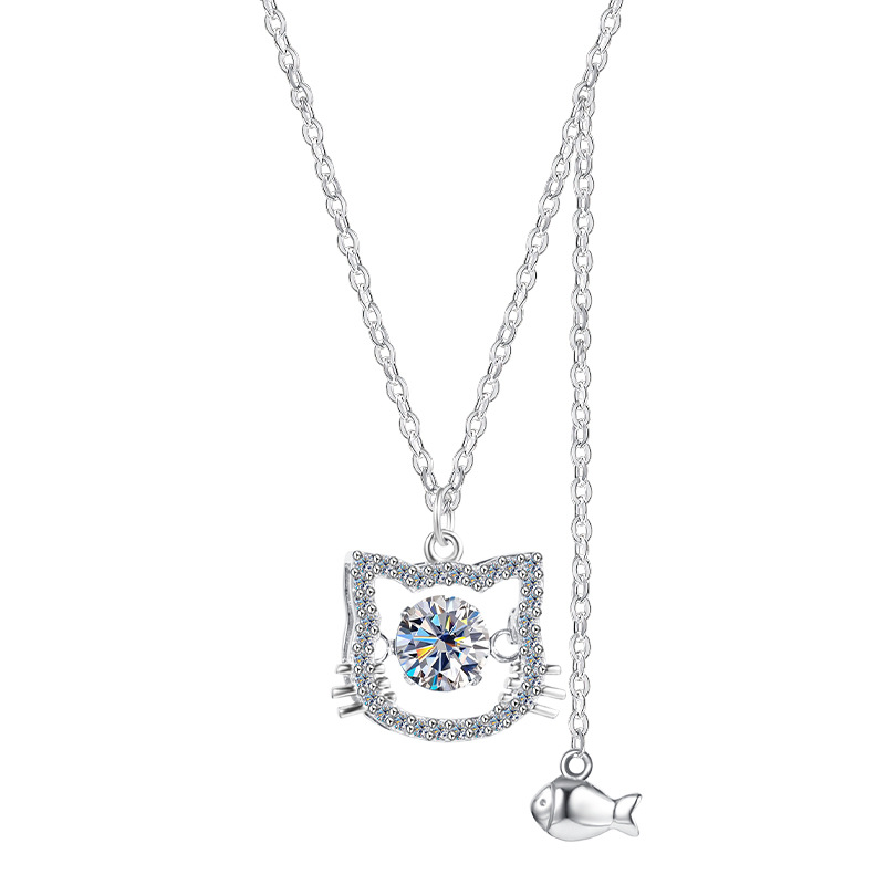 s925 sterling silver cat and fish necklace, dynamic Mosang pendant, sweet and fresh female style, collarbone chain, high-end necklace Application Scenario