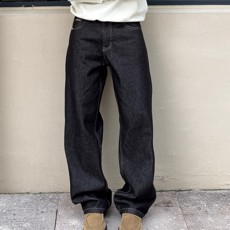 AUTICUP American retro hand-stitched, non-fading, natural cow jeans, slimming, loose 13.5-ounce straight-leg pants