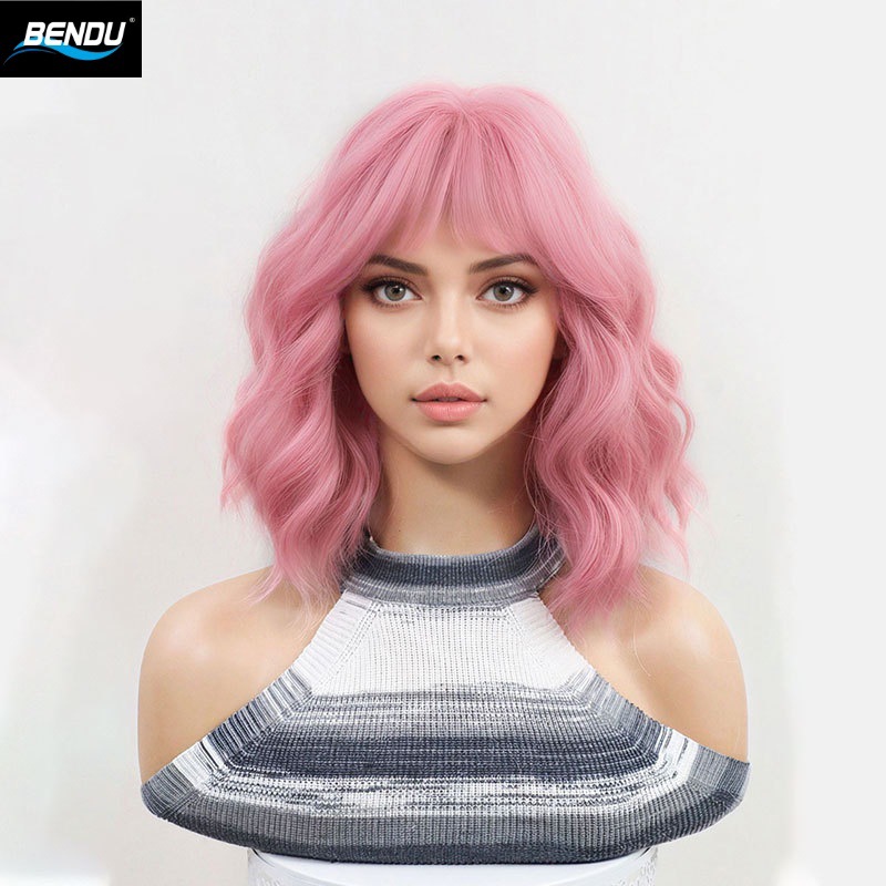 A new cross-border cos wig from Europe and America, a popular female bestseller with a cute peach-pink short curly Bob hairstyle Specification image