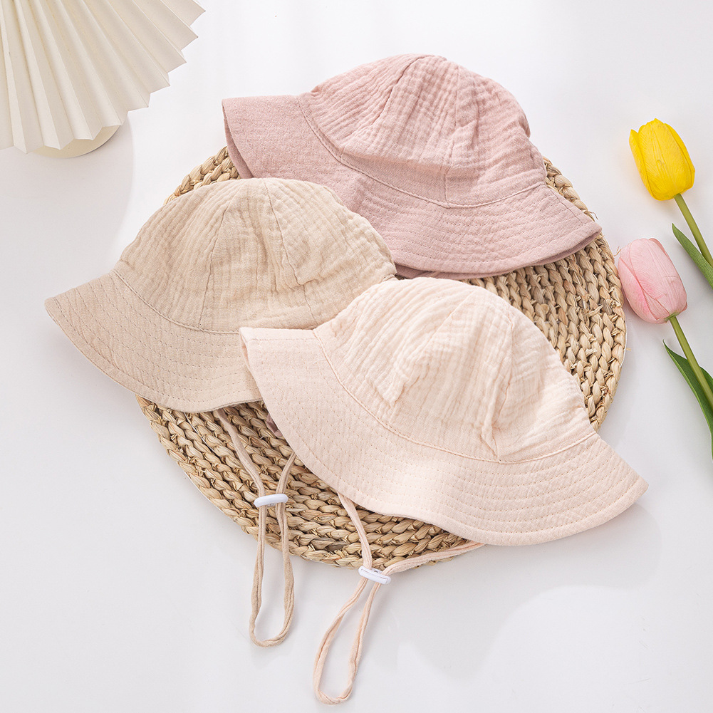 新款婴幼儿纯棉渔夫帽 纯色双层透气纱布遮阳帽可调节绳结渔天帽产品图
