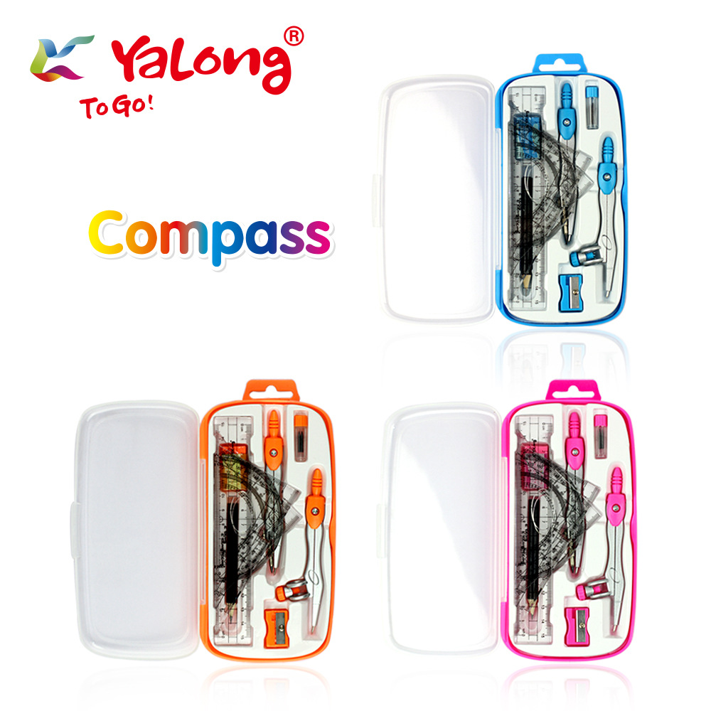 Yalong Cross-border Professional children's pencil compass set, round radius size scale, colored plastic compass for schools