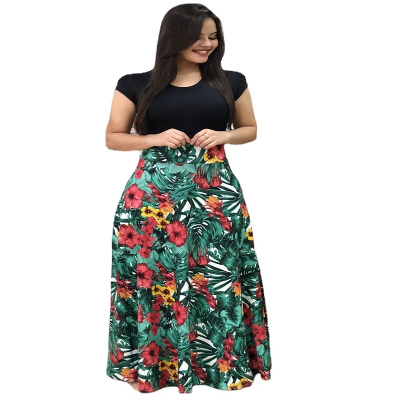 Cross-border wish AliExpress 2023 Bestseller European and American style floral print color-blocked short-sleeved plus-size dress for women Item Picture
