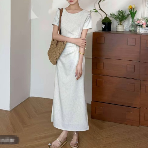 法式气质少女收腰连衣裙女2026夏季收腰显瘦高级感短袖长裙女装