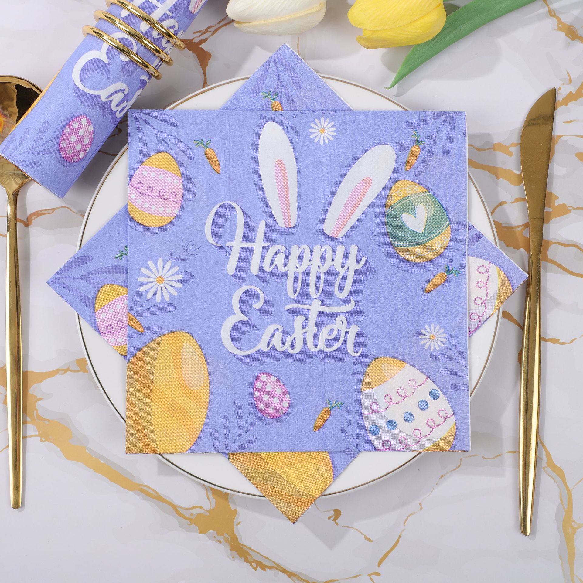 跨境happy Easter印花餐巾纸复活节一次性纸巾节日派对用品方巾纸一次性餐具套装