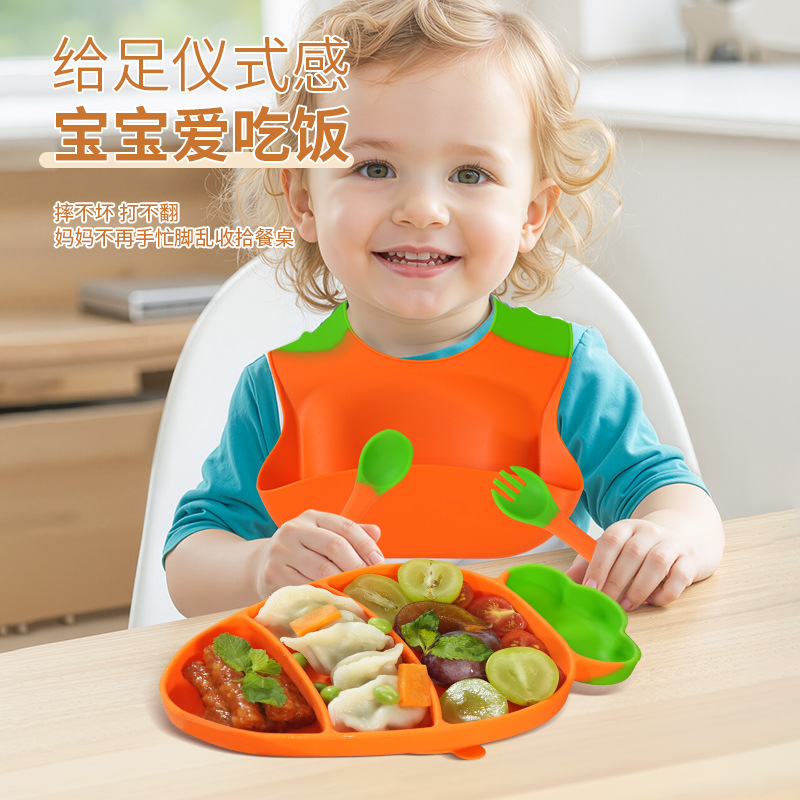 Children's silicone dinner plate set, baby and maternal products, split dinner plates, one-piece molding with suction cups, baby food plates with forks and spoons