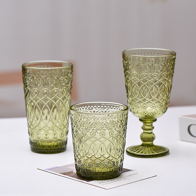 跨境外贸欧式加厚玻璃喝水杯创意果汁杯酒店漱口杯彩色浮雕牛奶杯