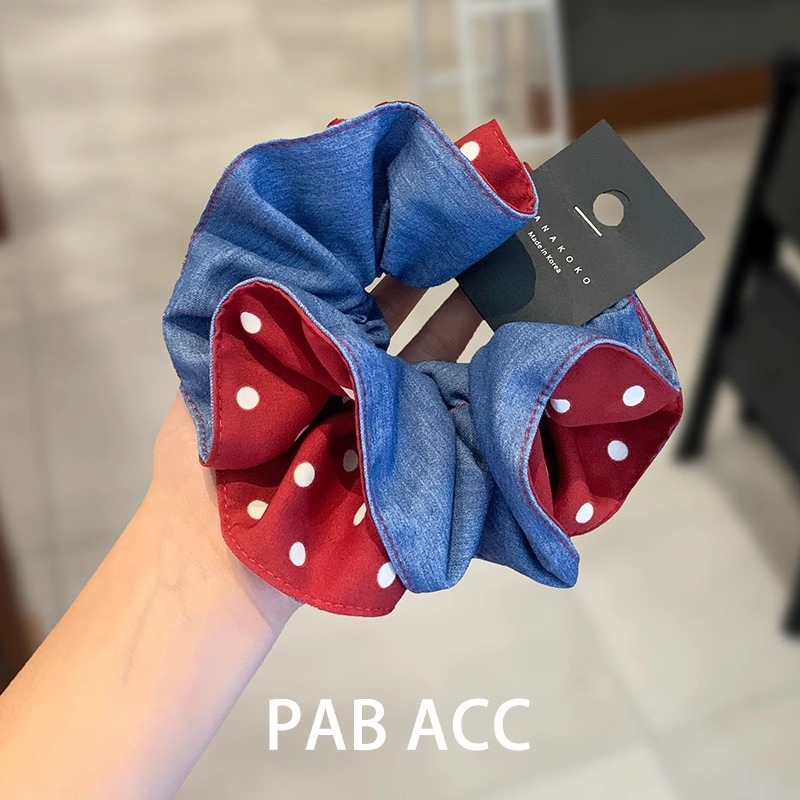 High-end AB side denim blue polka dot pleated fat intestine band double-layer hair binding three-dimensional durable leather band hair band purchased through a Korean agent