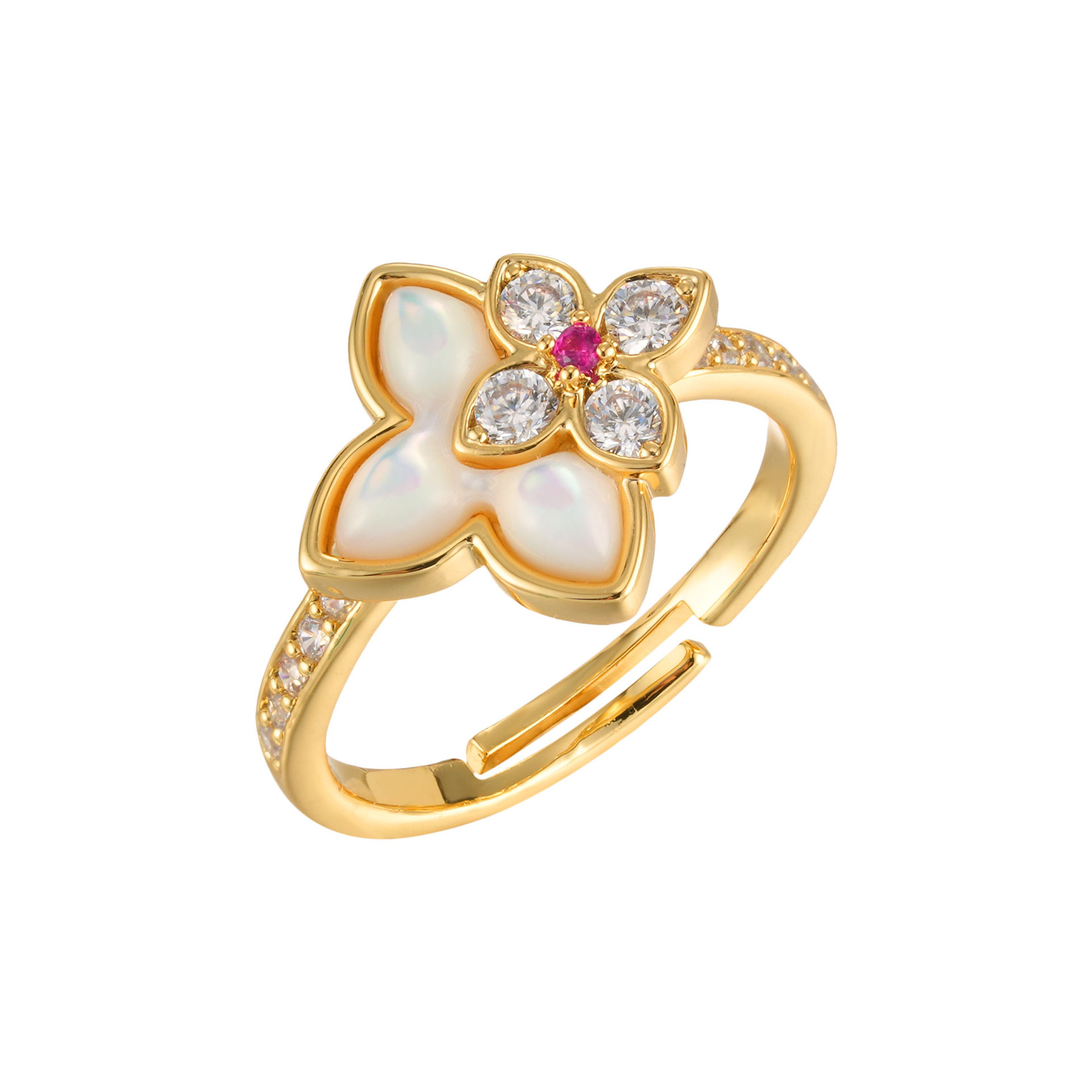 Light luxury lucky four-leaf clover open ring, copper alloy, real gold electroplated, natural mother-of-pearl inlaid, zirconium adjustable ring ring Item Picture